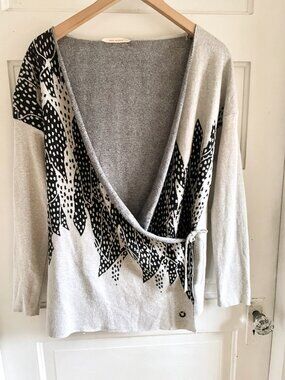 Skunkfunk Cozy Gray & Black Print Cotton Wrap Sweater S/M